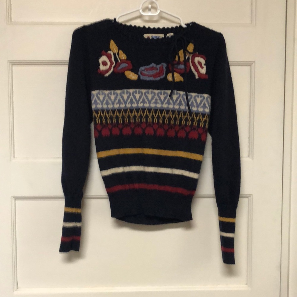 Vintage 1970s 1980s sweater with floral embroidery and stripes